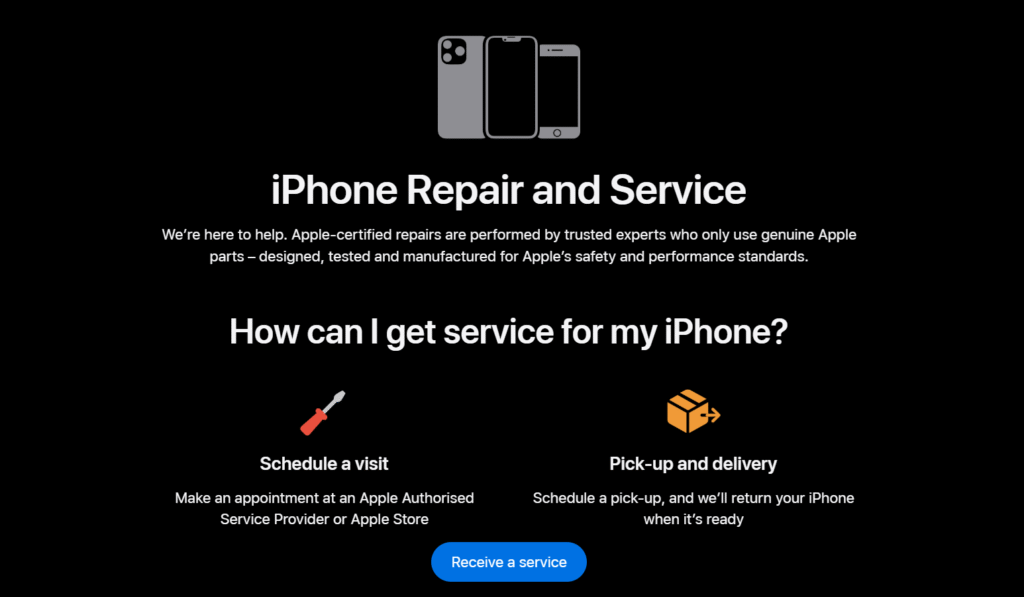 screenshot of iPhone Repair and Service option from apple
