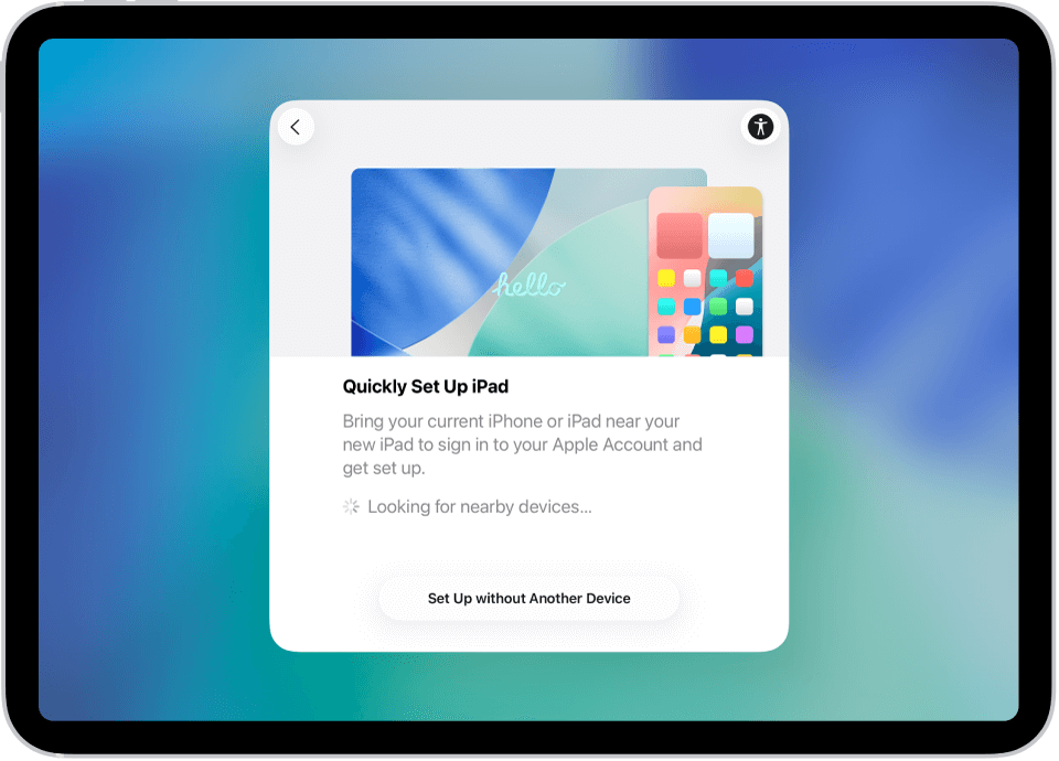 Quick setup screen on iPad running iPadOS 18.7.3 using another Apple device