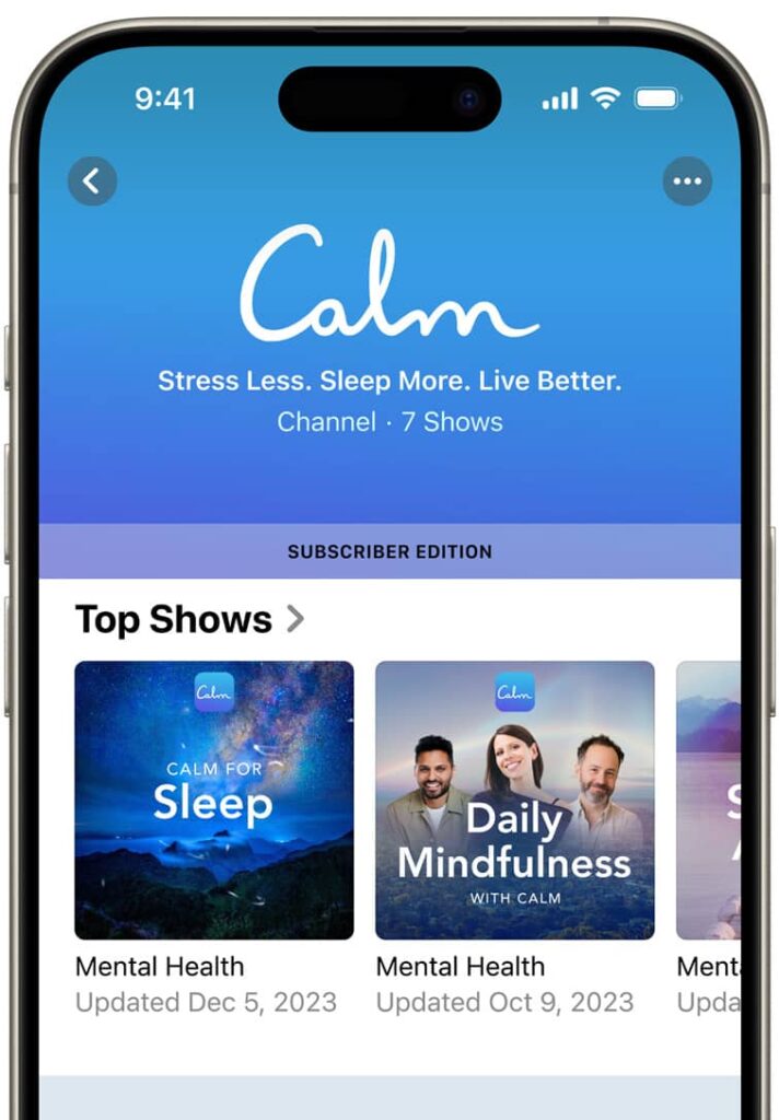 Apple Podcasts intelligence features showing Calm mental health content on iPhone