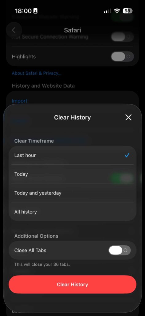 Safari clear history screen showing options to clear cache on iPhone