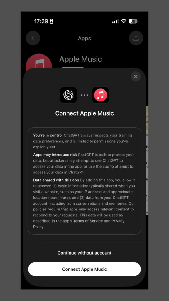connection between apple music and chatGPT in Iphone
