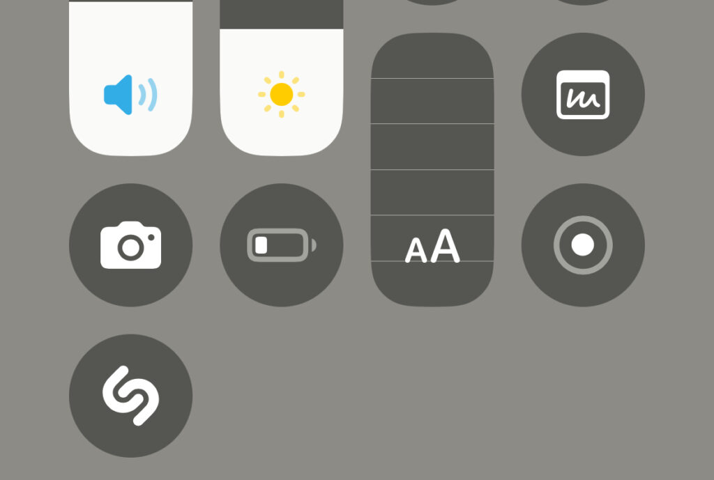 iPhone Control Center showing volume, brightness, camera, battery, text size and screen recording icons