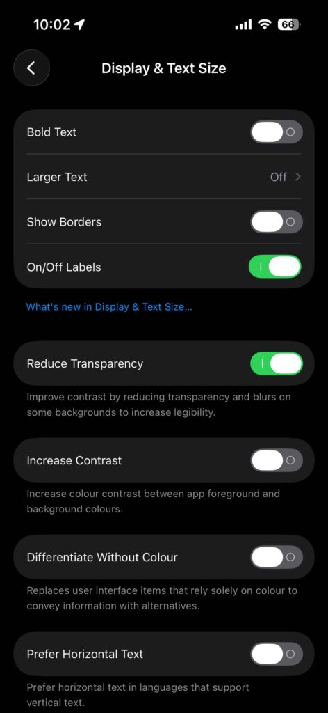 Display & Text Size settings on iPhone with bold text, reduce transparency, and contrast options.