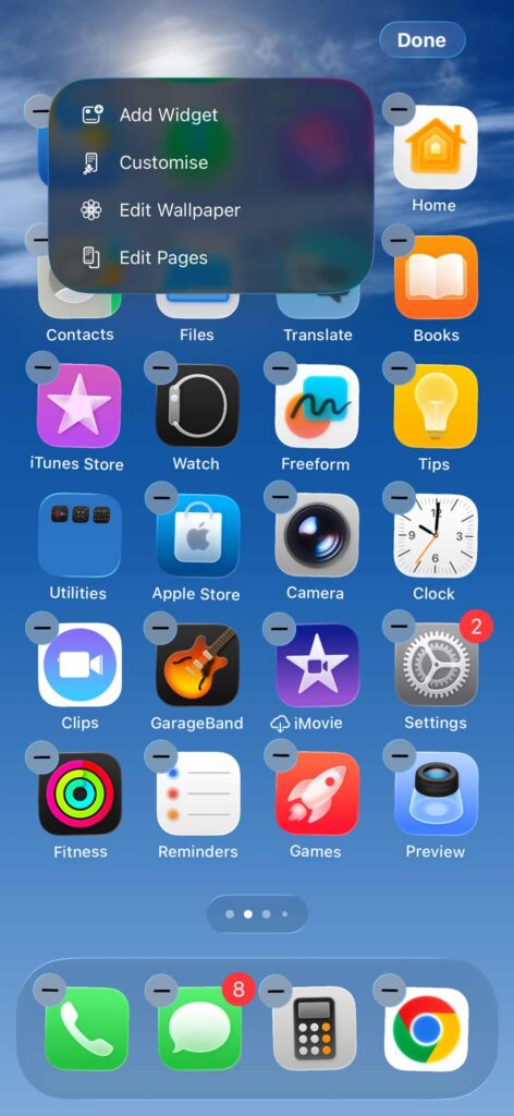 iPhone home screen edit menu showing add widget, customize, and edit pages options.