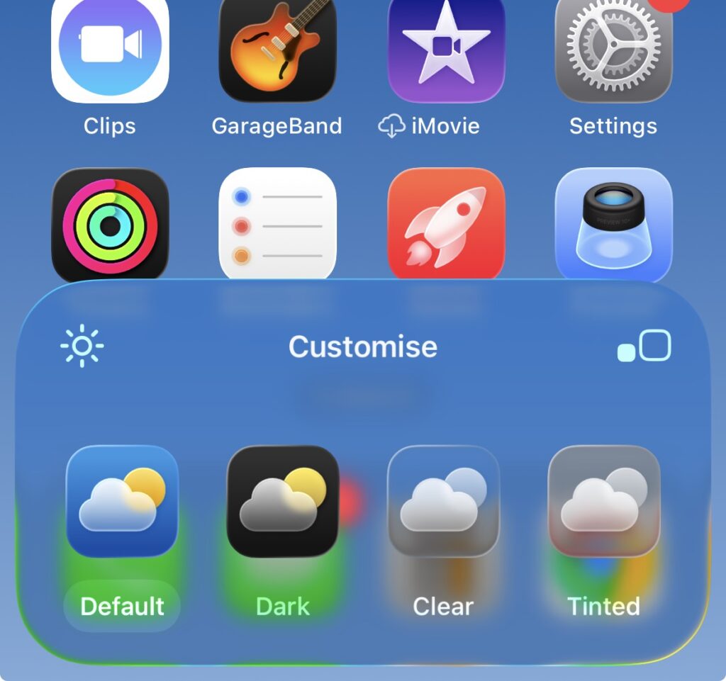 iPhone Home Screen customize menu showing Default, Dark, Clear, and Tinted app icon styles.