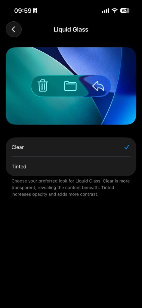 Liquid Glass settings on iPhone showing clear and tinted appearance options.