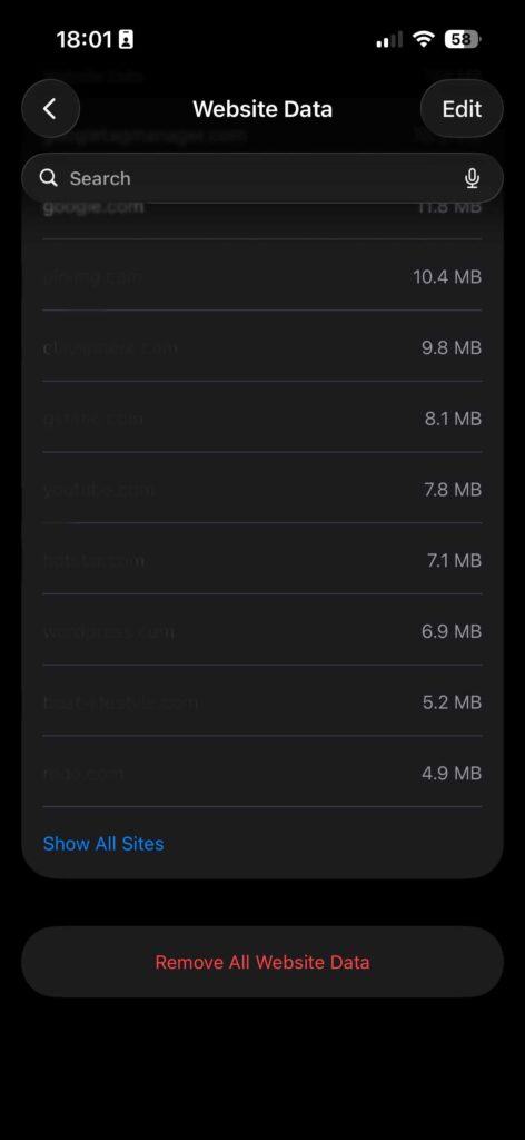 Safari website data list showing storage used before clearing cache on iPhone