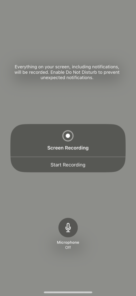 iPhone screen showing screen recording start panel with microphone off option