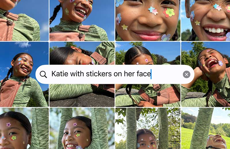AI photo search showing child with colorful face stickers in outdoor photo collage