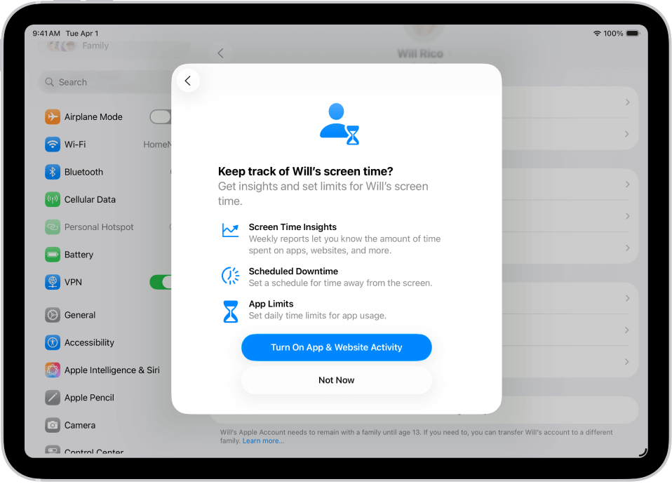 Screen Time parental controls setup on iPadOS 18.7.3