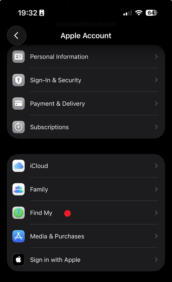 Screenshot of the find my phone option in iphone