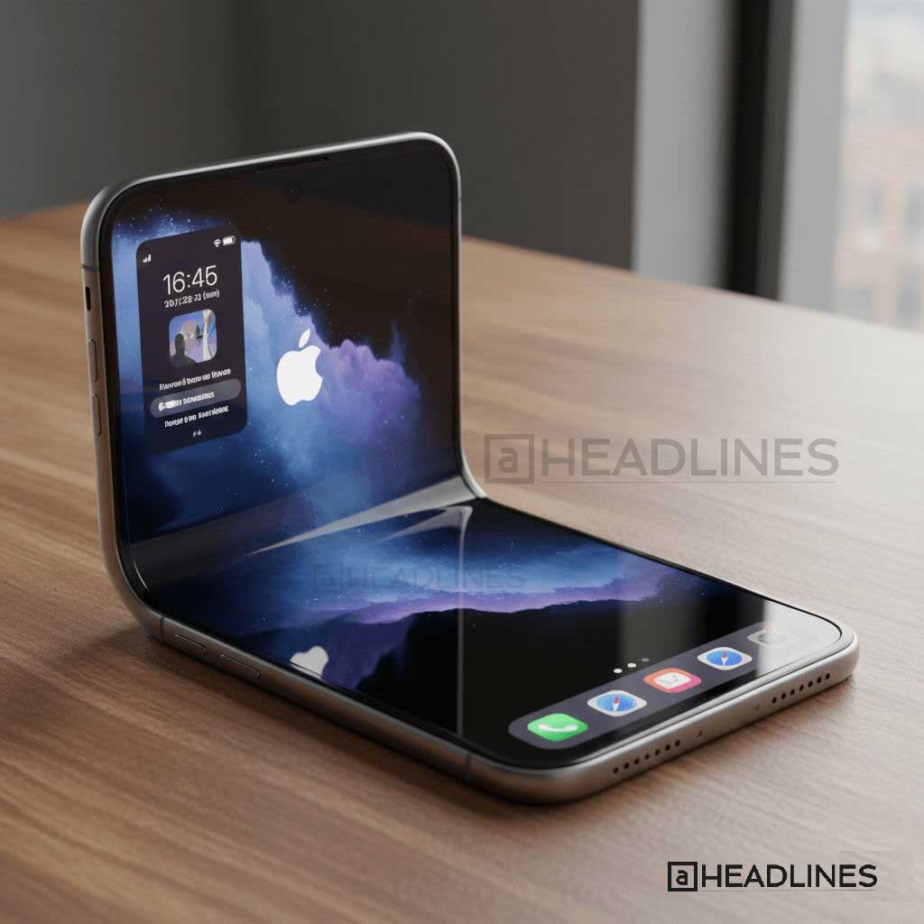 iPhone Fold concept with inward folding display and Apple logo on flexible screen