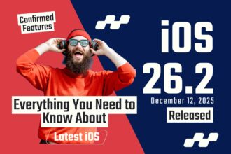 Promotional image announcing iOS 26.2 release with a man wearing headphones and text showing confirmed features and release date.