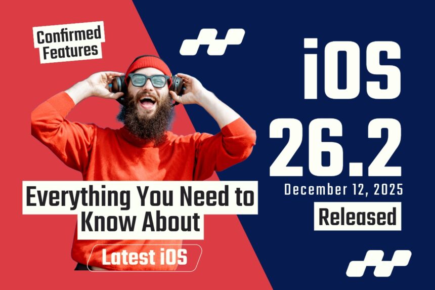 Promotional image announcing iOS 26.2 release with a man wearing headphones and text showing confirmed features and release date.