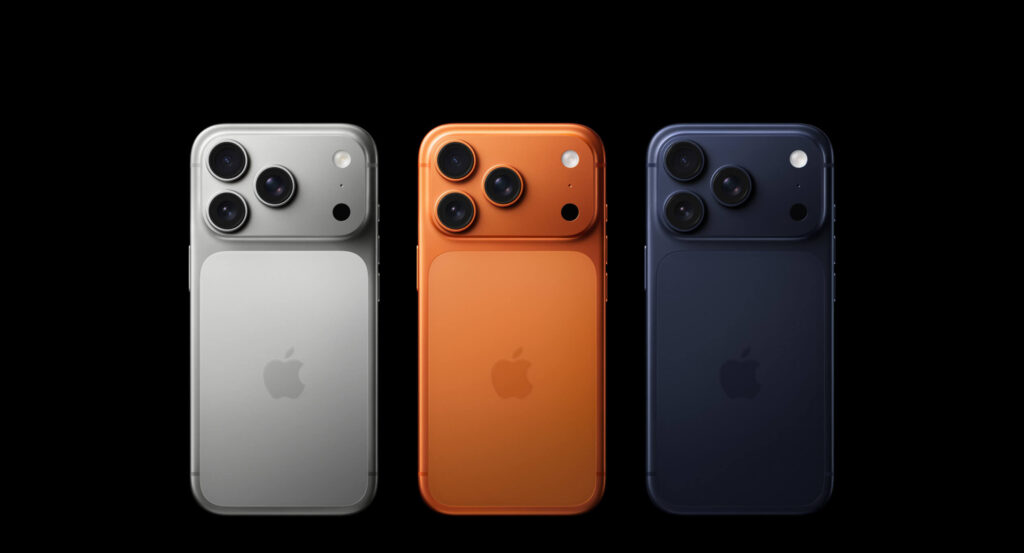 iPhone 17 Pro Max shown in three color variants with rear camera design