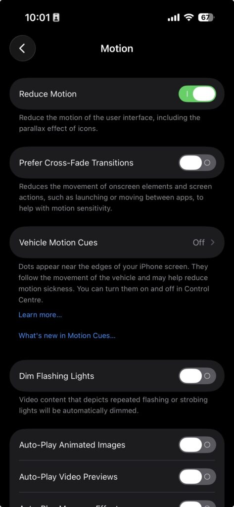 iPhone Motion accessibility settings showing Reduce Motion and cross-fade transition options.
