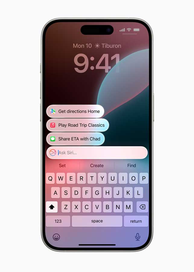 iOS 18 keyboard with Siri suggestions and quick action shortcuts on iPhone screen