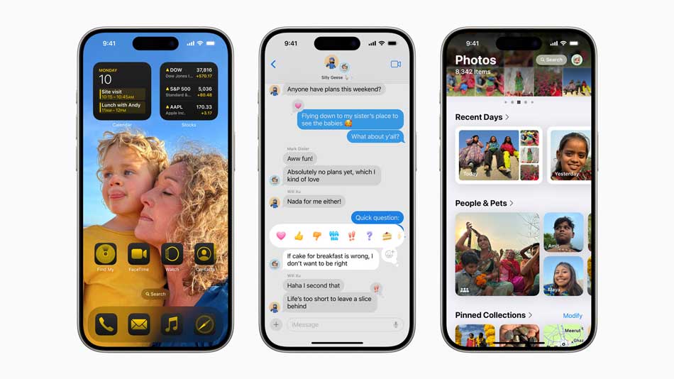 iOS 18 interface showing home screen widgets, Messages app chat, and Photos app layout