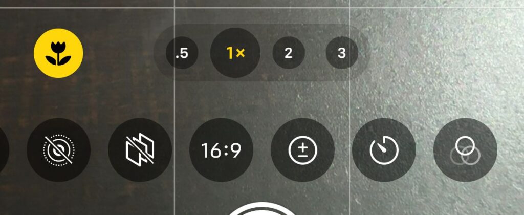 iPhone Camera app showing zoom levels and 16:9 aspect ratio option on screen