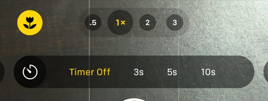 iPhone Camera timer options showing off, 3 seconds, 5 seconds, and 10 seconds