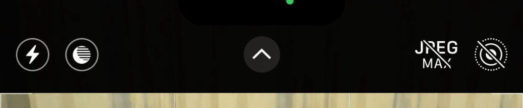 Top camera controls on iPhone showing flash, settings arrow, and JPEG Max