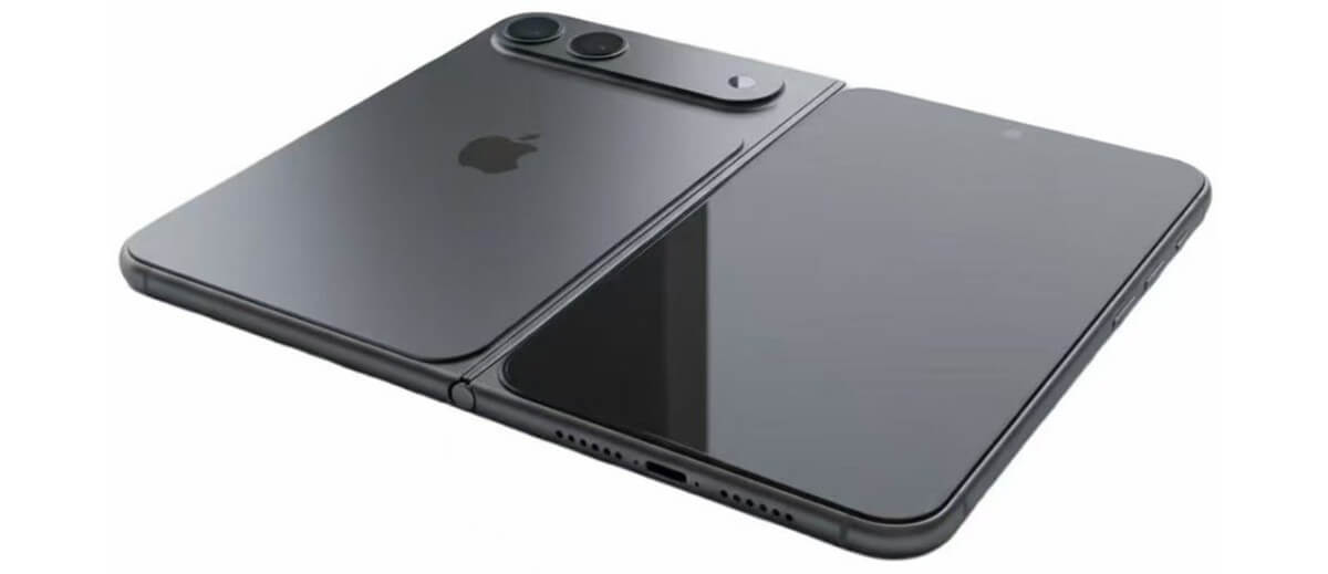 Apple foldable phone render showing folded and unfolded iPhone Fold design
