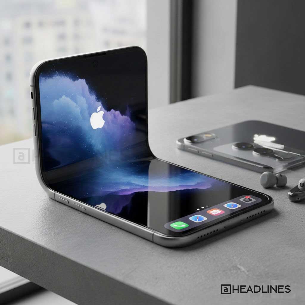 iPhone Fold design concept showing multitasking apps on foldable display