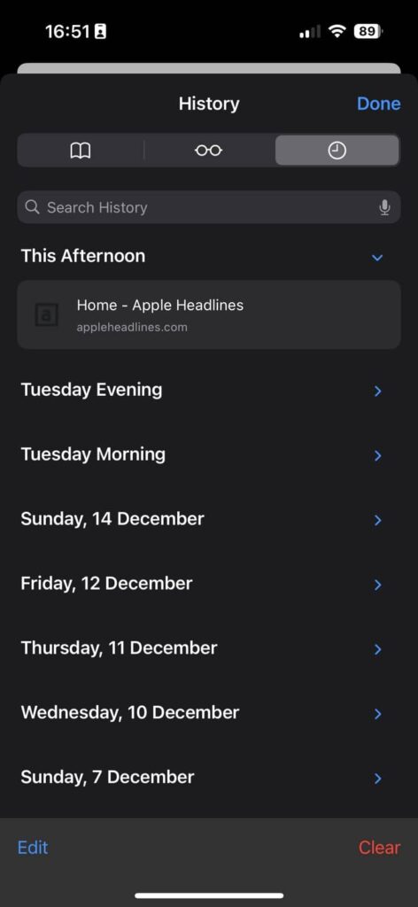 Safari browsing history screen on iPhone running iOS 26