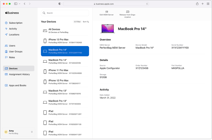 Apple Business Manager devices dashboard displaying managed MacBook Pro and iPhone devices with MDM server details