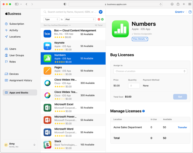 Apple Business Manager Apps and Books dashboard showing app licensing, Numbers app, and device assignment options