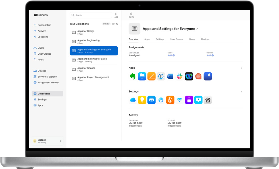 Apple Device Management dashboard displaying apps, settings, user groups, and device assignments.