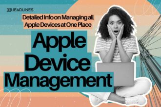 Apple Device Management dashboard showing centralized control of iPhone, iPad, and Mac devices.