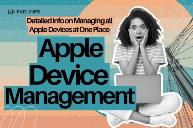 Apple Device Management dashboard showing centralized control of iPhone, iPad, and Mac devices.