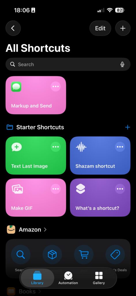 iPhone Apple Shortcuts app showing colorful shortcut tiles such as Make GIF, Shazam, and Text Last Image.