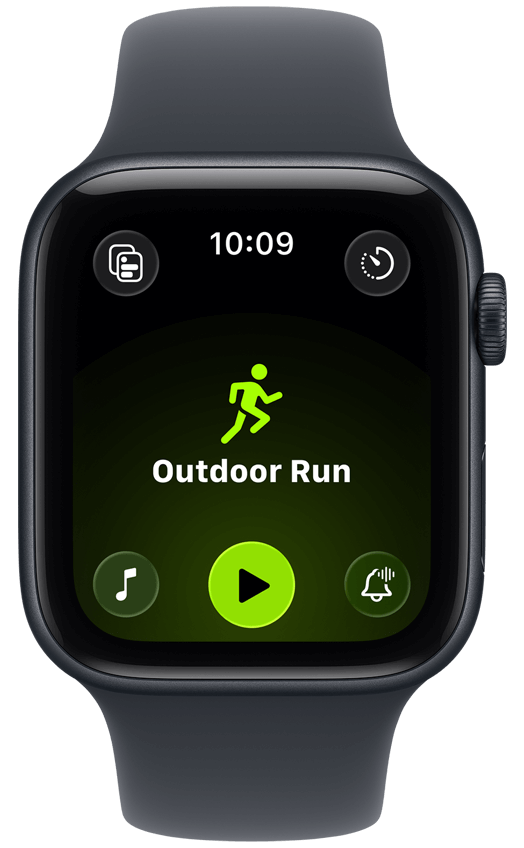 Apple Watch outdoor run workout screen with fitness tracking controls