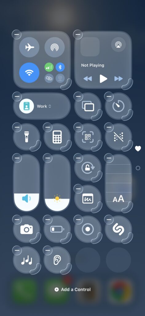 iPhone Control Center in edit mode showing Apple TV Remote app controls
