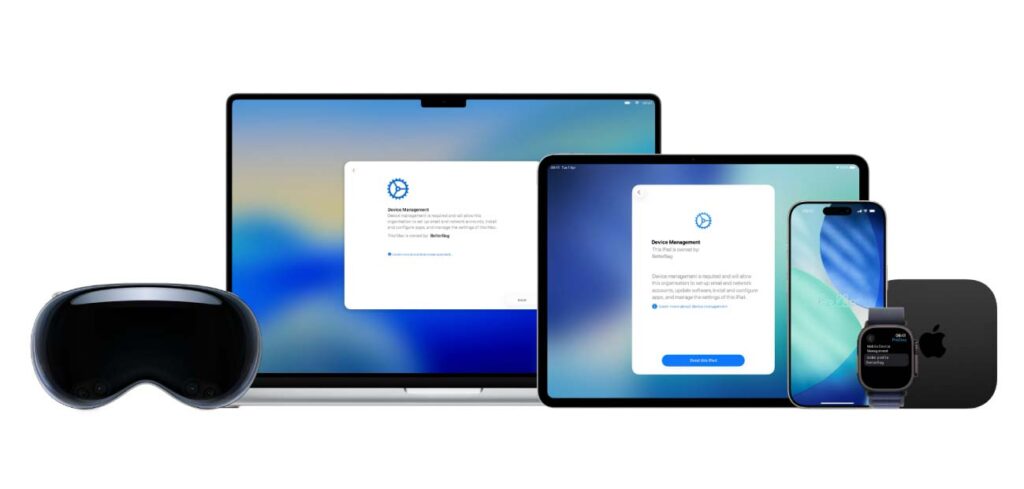 Apple Device Management features shown across iPhone, iPad, MacBook, Apple Watch, and Vision Pro devices.
