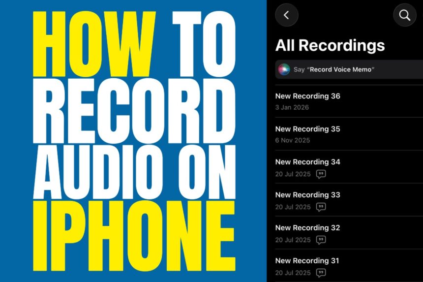 How to record audio on iPhone using the Voice Memos app showing all recordings list on iOS.