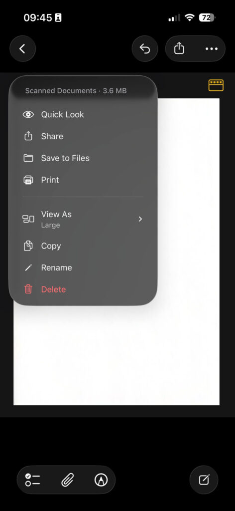 Scanned document options in iPhone Notes showing share, save to files, and print.
