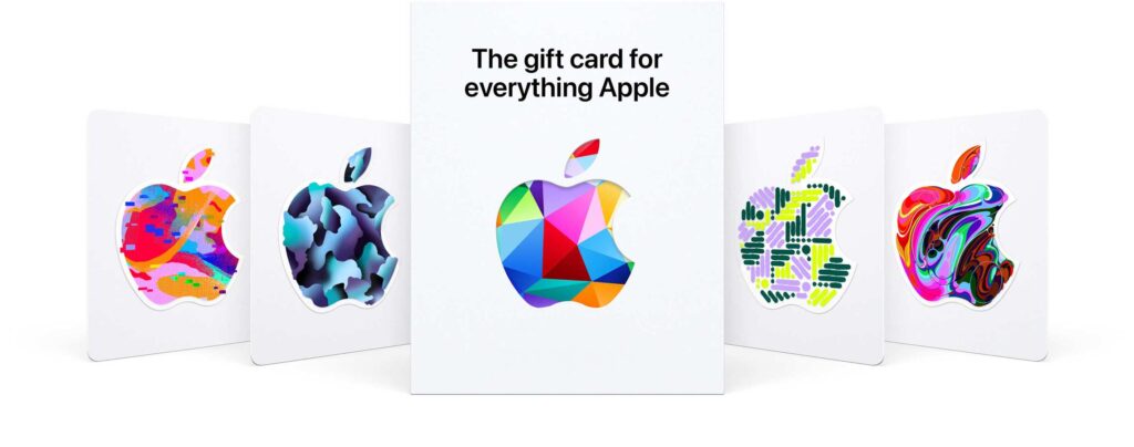 Apple Gift Card with colorful Apple logo designs on white background