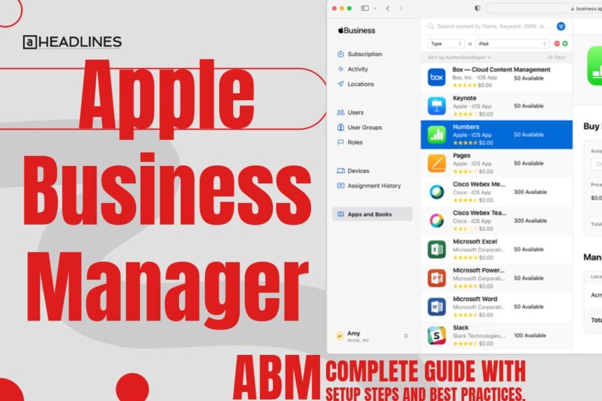 Apple Business Manager complete guide showing ABM dashboard with apps and device management interface