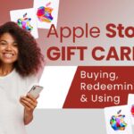 Woman holding a smartphone with Apple Store Gift Cards showing buying, redeeming, and using options