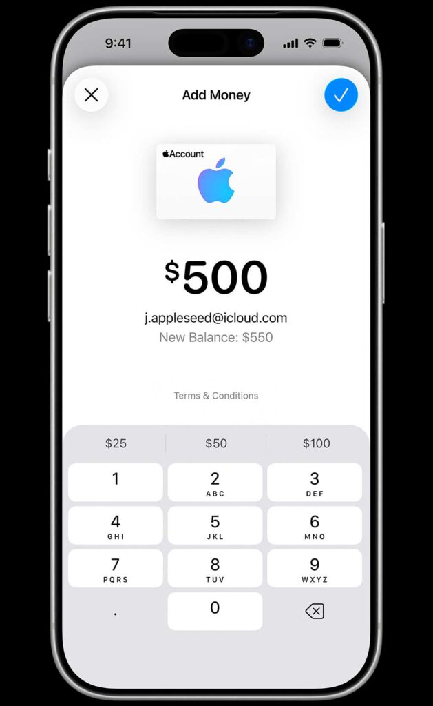 Apple Gift Card balance add screen on iPhone showing account funds