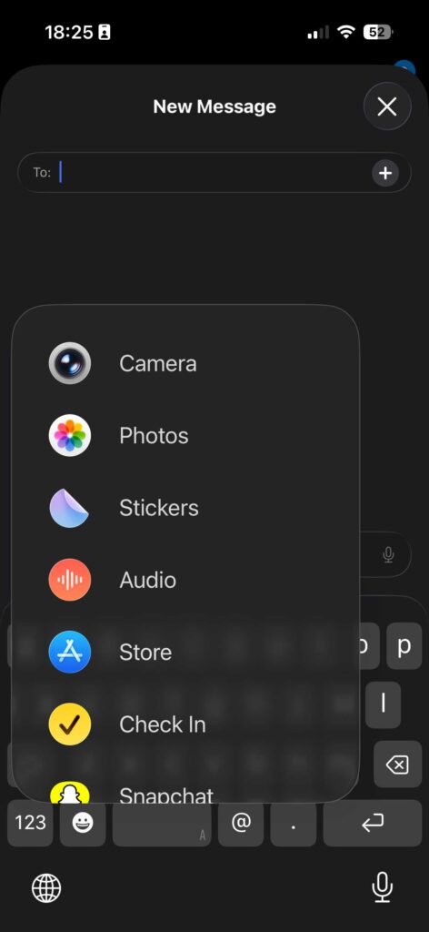 iPhone share menu displaying options like Camera, Photos, Stickers, and Audio
