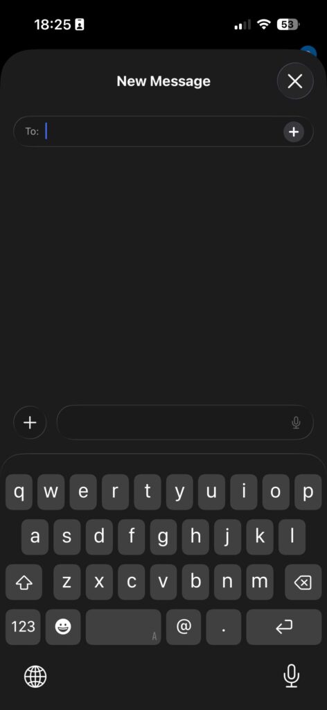iPhone Messages app new message screen with keyboard visible
