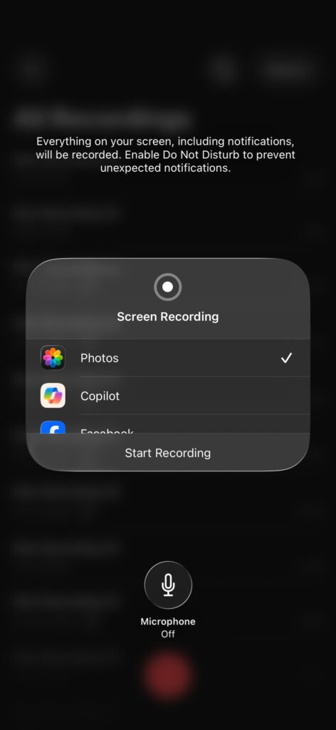 iPhone screen recording pop-up showing Photos selected as save location and microphone turned off.