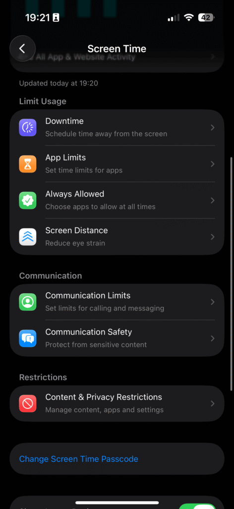 iPhone Screen Time settings showing app limits, downtime, communication limits, and content restrictions