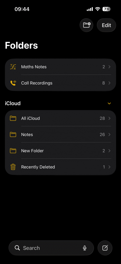 iPhone Notes app folders screen with iCloud notes and recently deleted option.