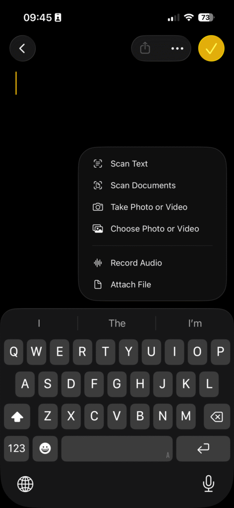 iPhone Notes editor toolbar with text formatting and attachment icons.