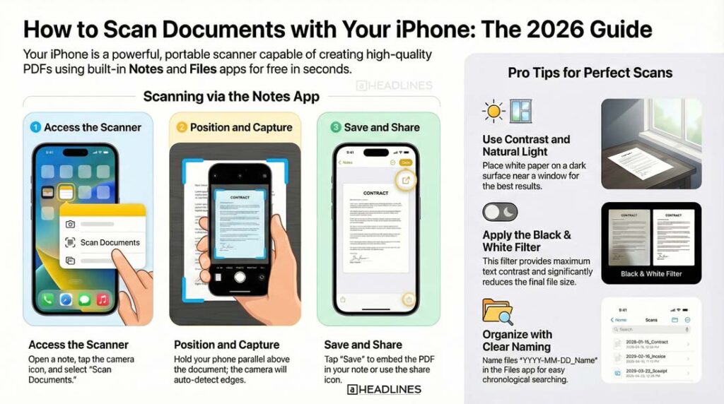 Infographic showing how to scan documents on an iPhone using the Notes app, including access scanner, capture document, save PDF, and pro scanning tips.